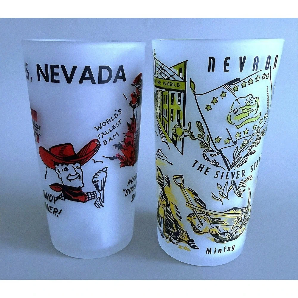 Nevada Vtg 60s Las Vegas & Reno Beverage Frosted Glass Tumblers Enamel Paint 5
